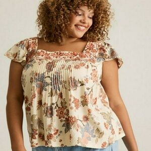 Torrid Festi Pintuck Embroidered Flutter Sleeve Tank Size 0 12 Large NWT